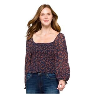 Stitch Fix Lush Reyna Smocked Blouse NWT - Navy with Orange Flowers Size S